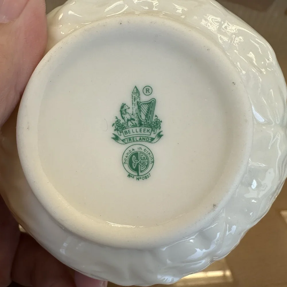 Antique Belleek Irish Porcelain Floral‎ Pattern Creamer & Sugar Dish Green Mark